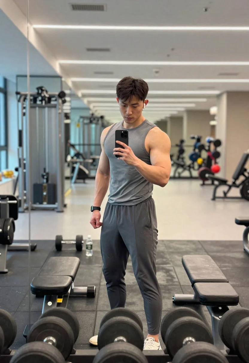 Young man taking progress photo in a modern gymnasium setting