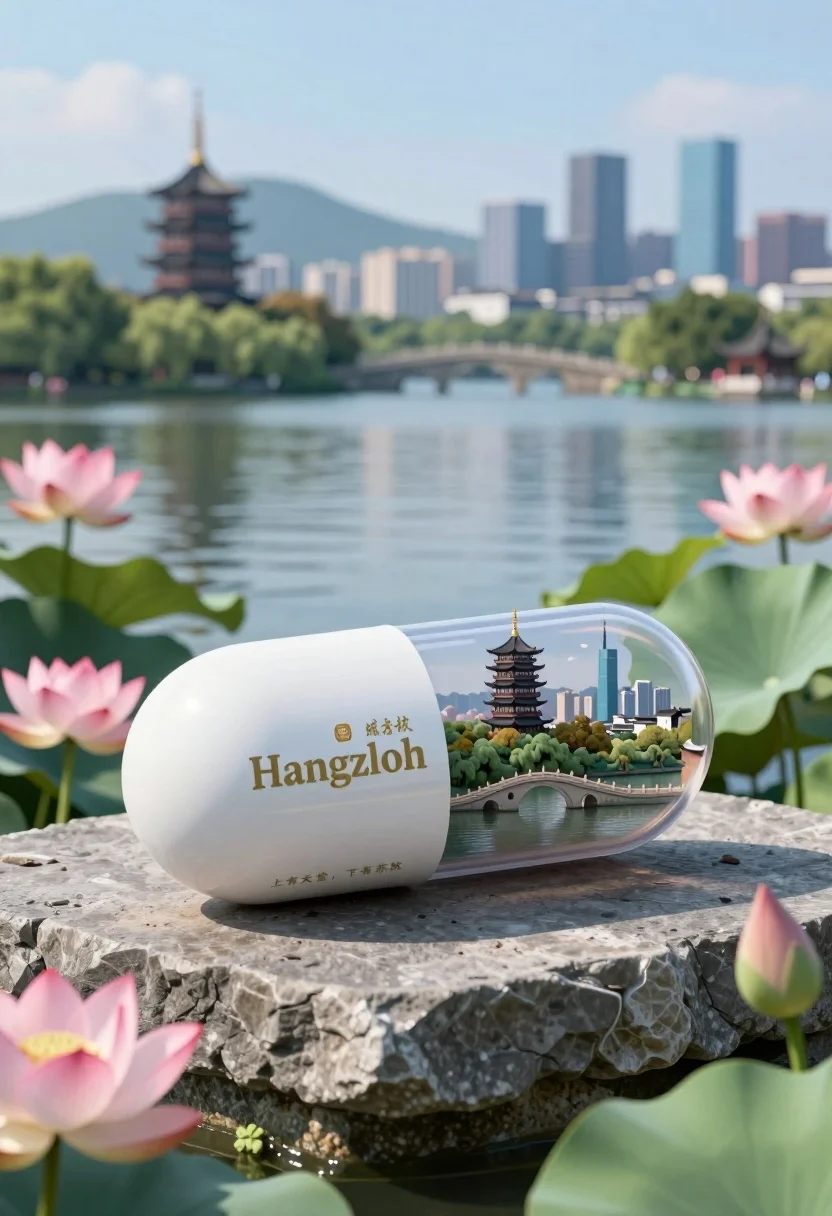 Glossy white capsule containing miniature city diorama on stone near lake - AI generated image prompt sample