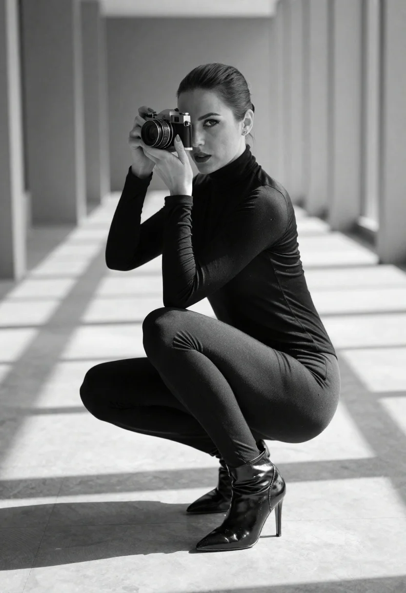 Woman with camera in architectural corridor shadows