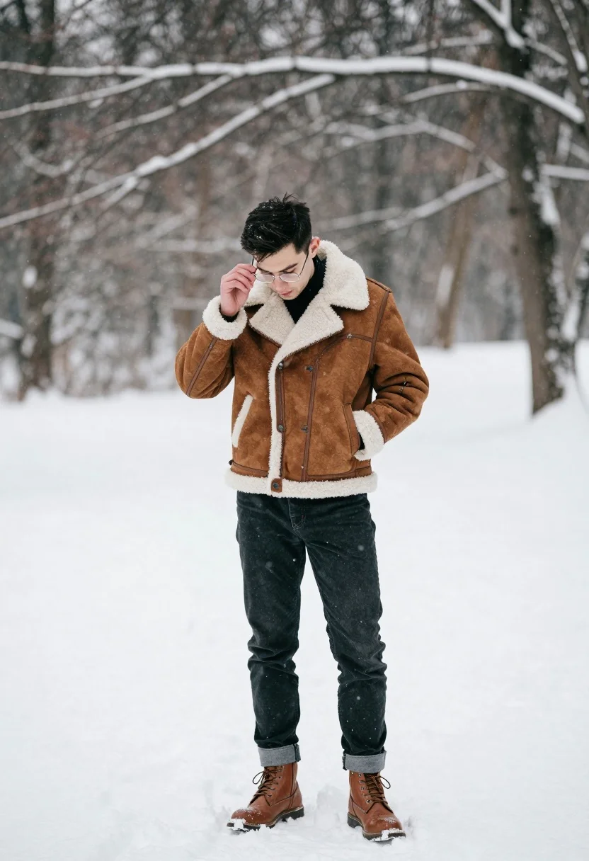 Man in brown shearling jacket standing in snowy landscape adjusting glasses - AI generated image prompt sample