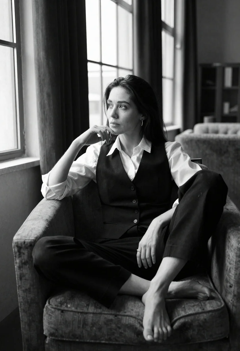 Black and white portrait of contemplative woman by large windows - AI generated image prompt sample
