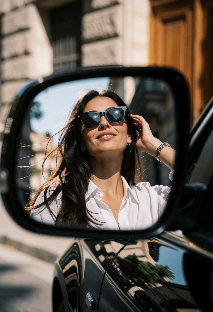 Young woman reflected in black car mirror against blurred urban background - AI generated image prompt sample