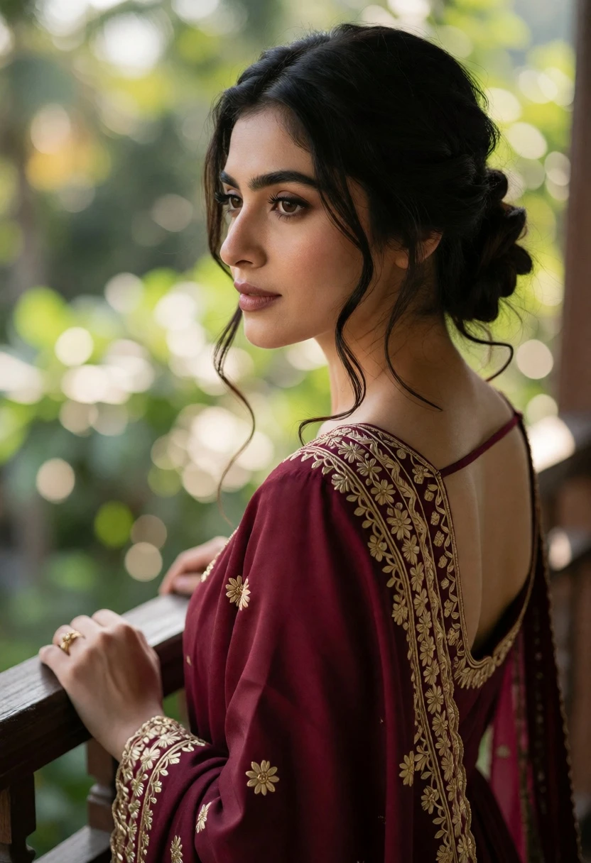 Woman in maroon traditional outfit on balcony overlooking blurred green foliage - AI generated image prompt sample