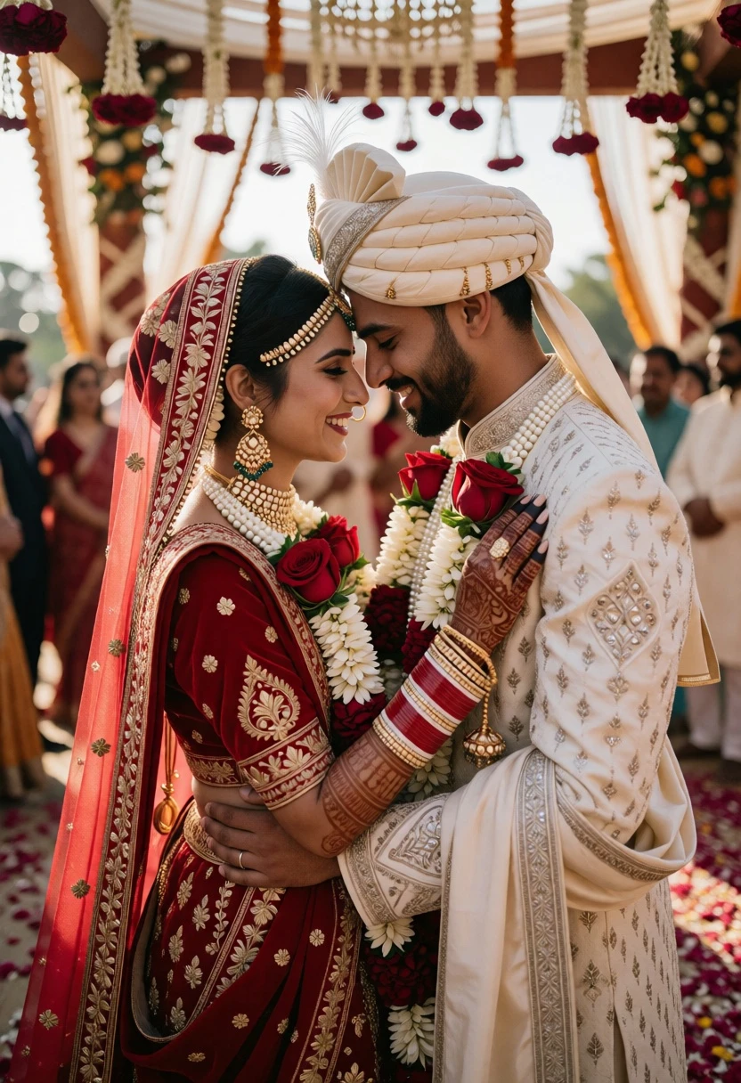 Indian bride and groom forehead touch during wedding ceremony under mandap - AI generated image prompt sample