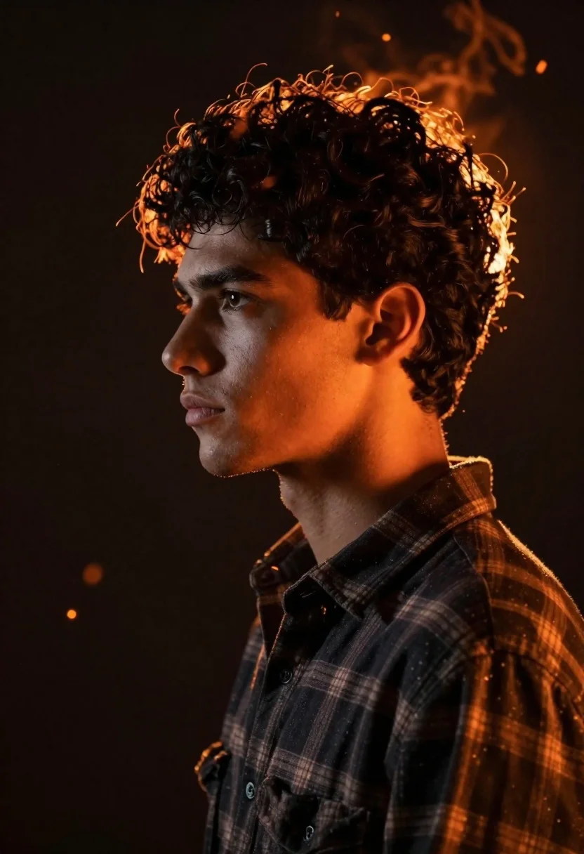 Close up profile portrait of young man with dark curly hair - AI generated image prompt sample