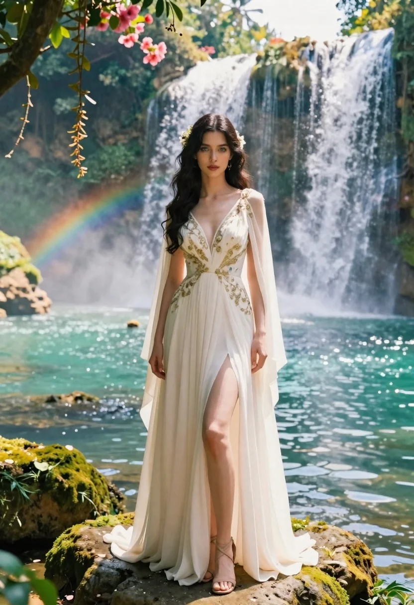 Young woman in ivory gown on mossy rock by turquoise waterfall - AI generated image prompt sample