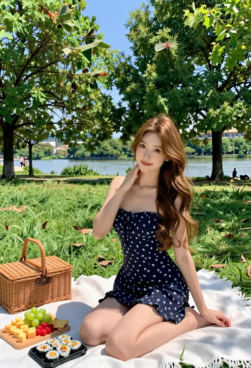 Young woman in floral dress sitting on picnic blanket near river - AI generated image prompt sample