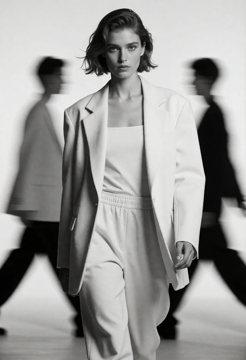 Monochrome fashion photograph of a model walking in a minimalist studio setting - AI generated image prompt sample