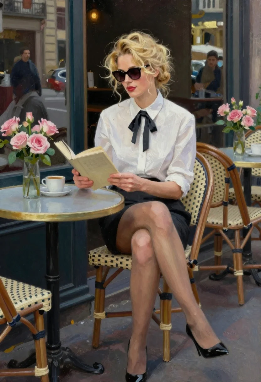 Blonde woman reading at a cafe table with roses - AI generated image prompt sample