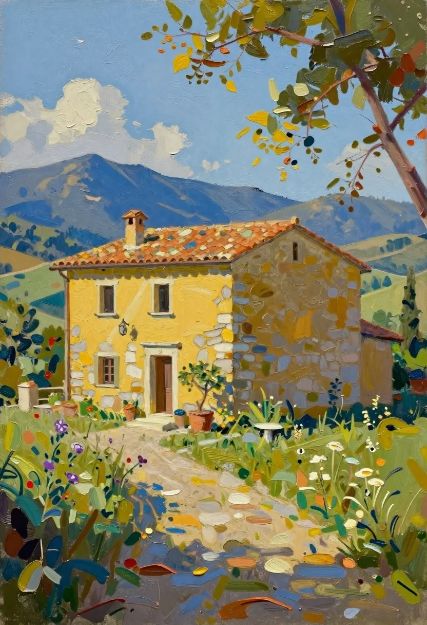Italian villa in sunlit countryside with blue mountains