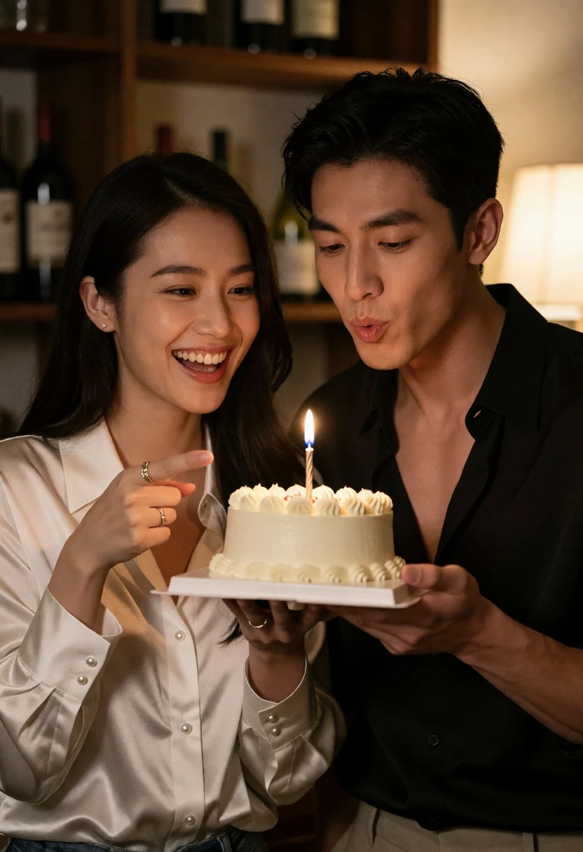 Couple celebrating birthday indoors with lit cake and warm ambient lighting - AI generated image prompt sample