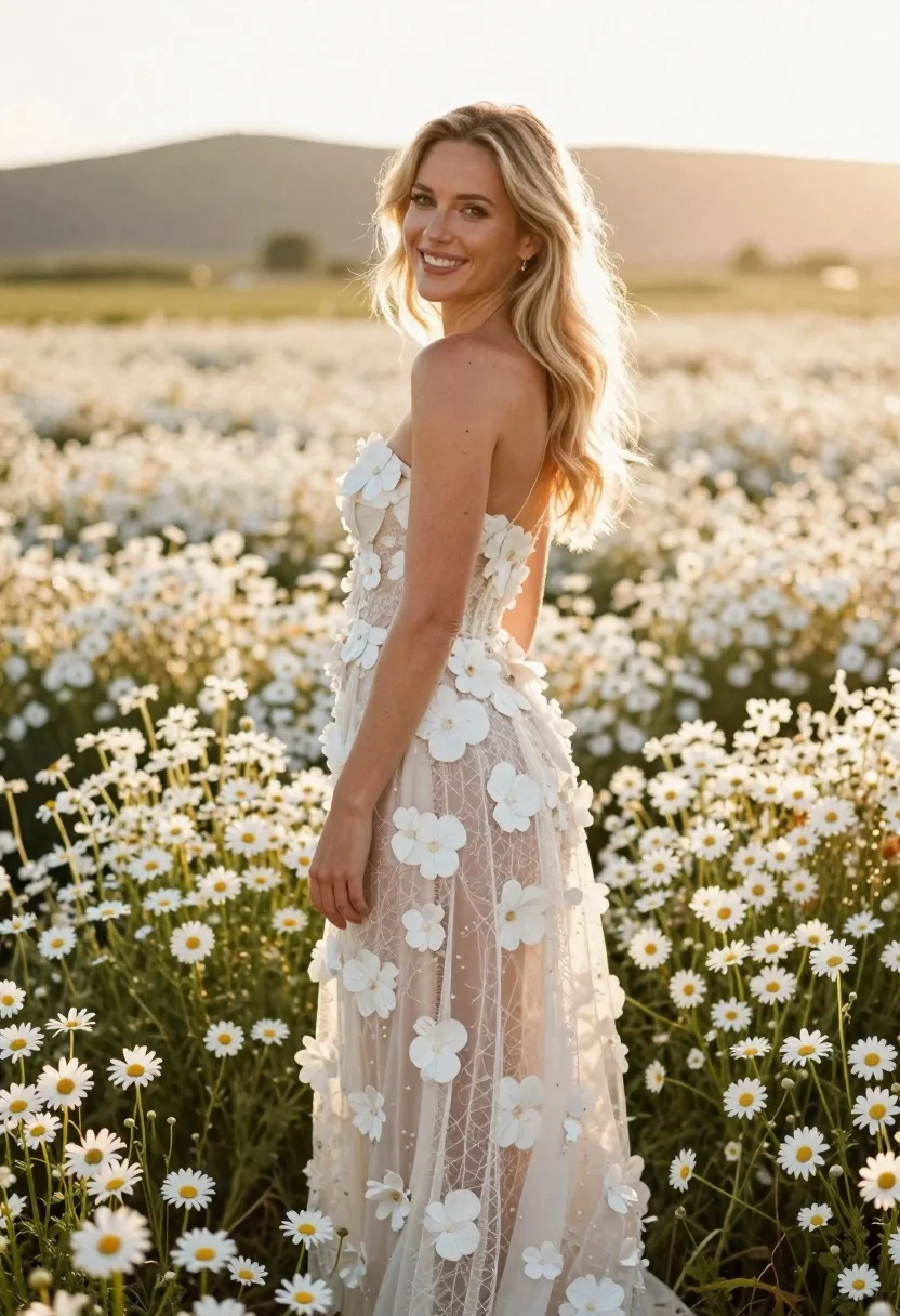 Smiling blonde woman in floral gown in daisy field - AI generated image prompt sample