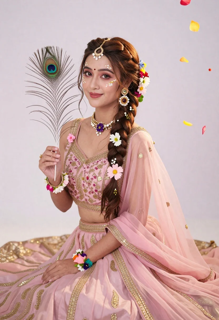 Young woman in pink traditional gown with gold embroidery and floral jewelry - AI generated image prompt sample