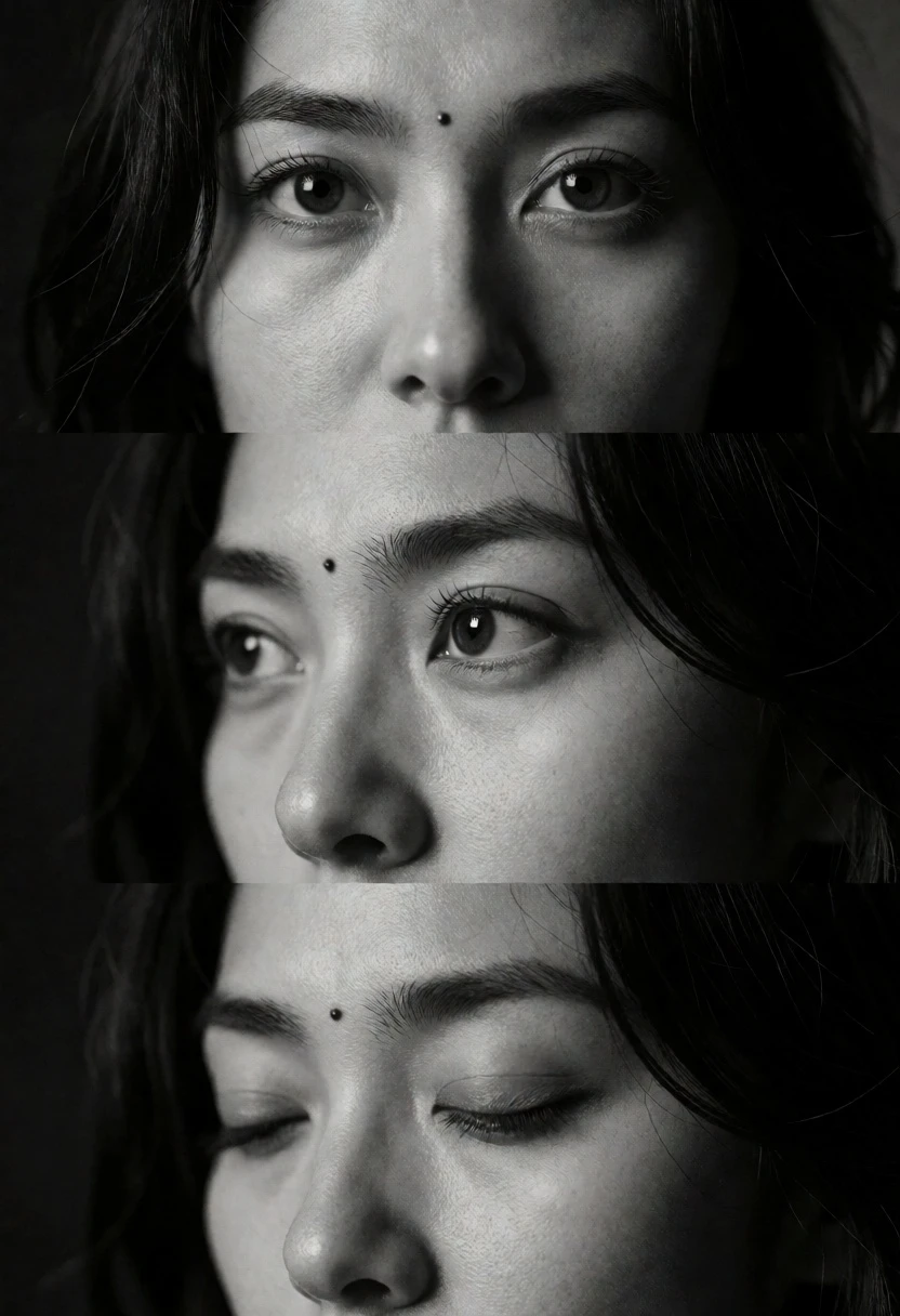 Triptych black and white close up portraits focusing on womans eyes - AI generated image prompt sample