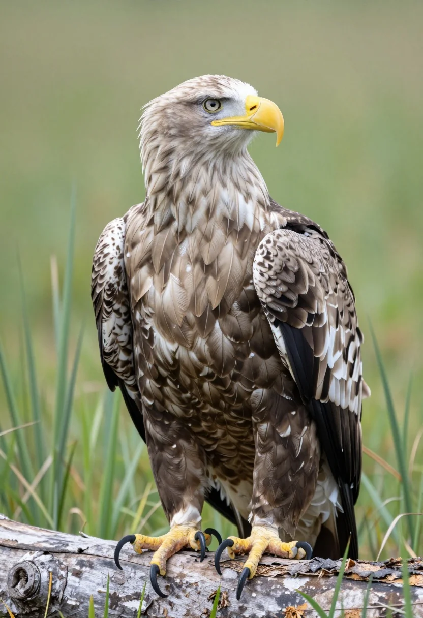 Close up portrait of a whitetailed eagle on a weathered log in - AI generated image prompt sample