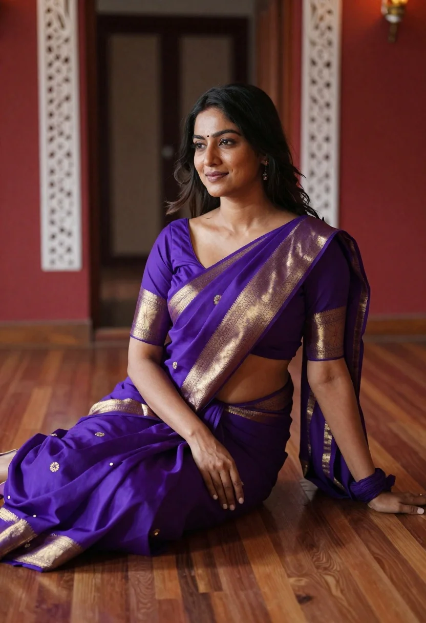 Woman in purple saree seated gracefully indoors with ornate red wall