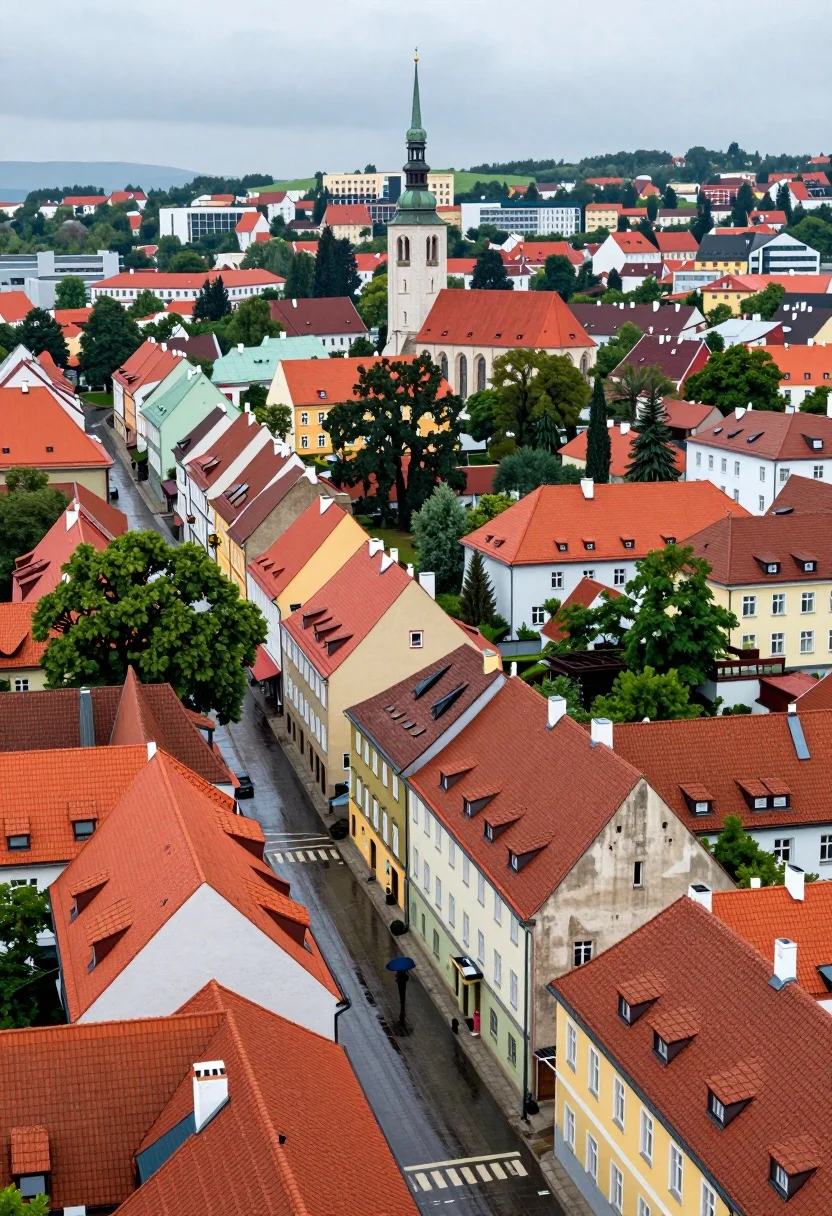 High angle aerial view of dense european town rooftops under overcast sky - AI generated image prompt sample
