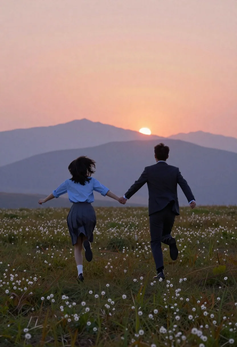 Couple running hand in hand across a field at sunset
