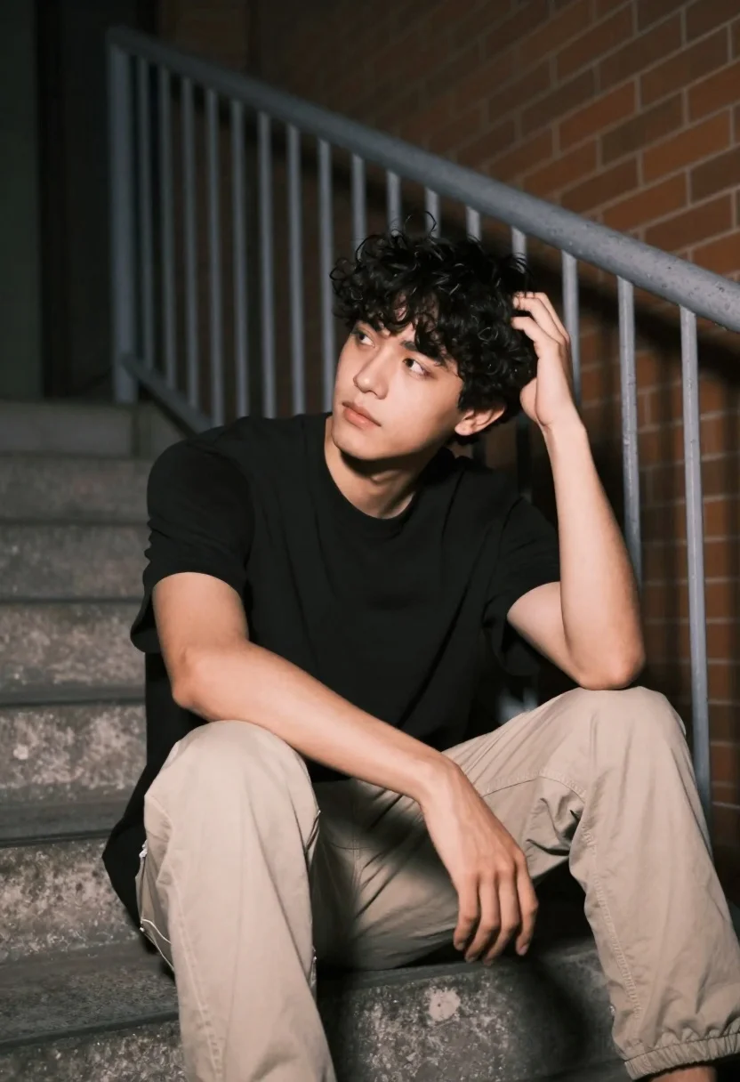 Young man sitting on concrete stairs at night with dark curly hair - AI generated image prompt sample