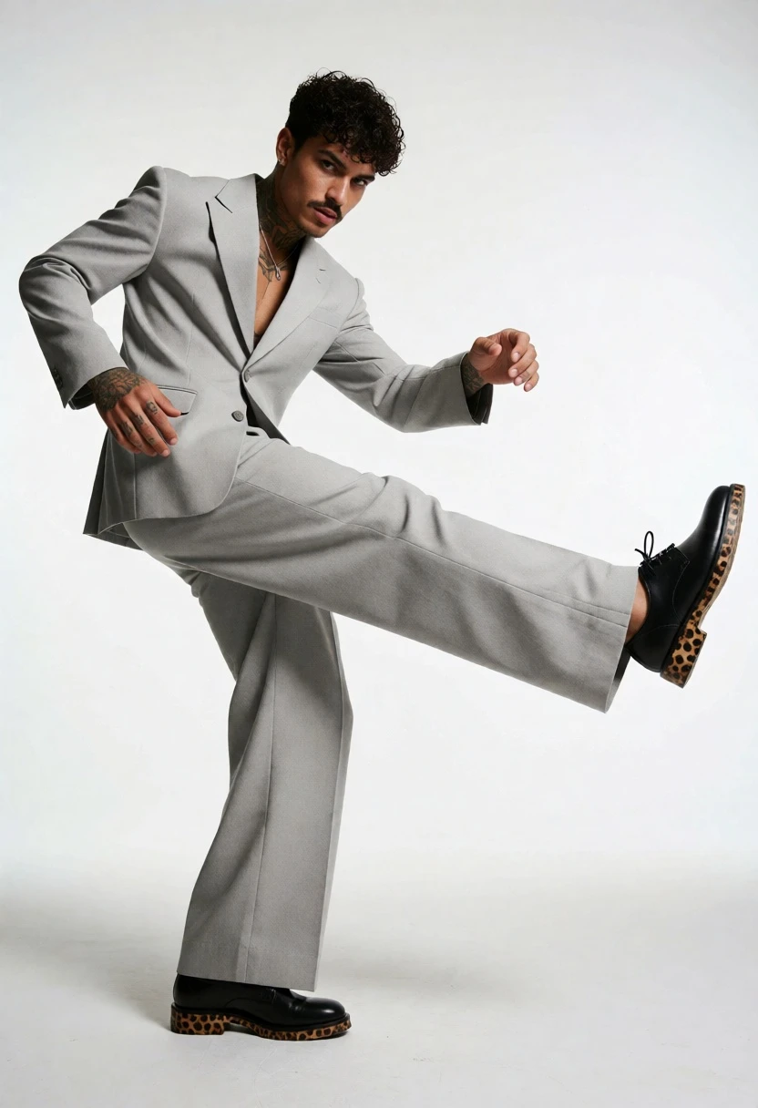Man in light grey suit striking dynamic dance pose against white studio - AI generated image prompt sample