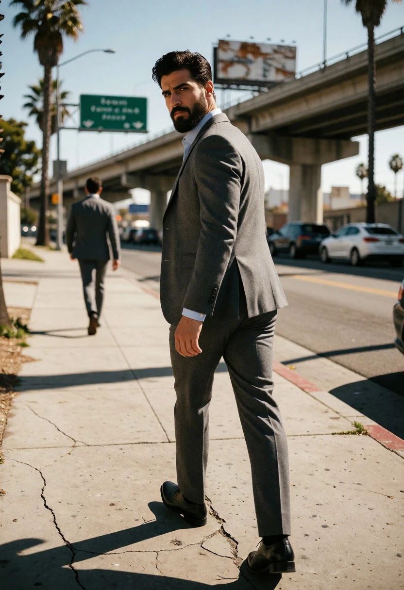 Man in grey suit walking on sidewalk looking back at camera - AI generated image prompt sample
