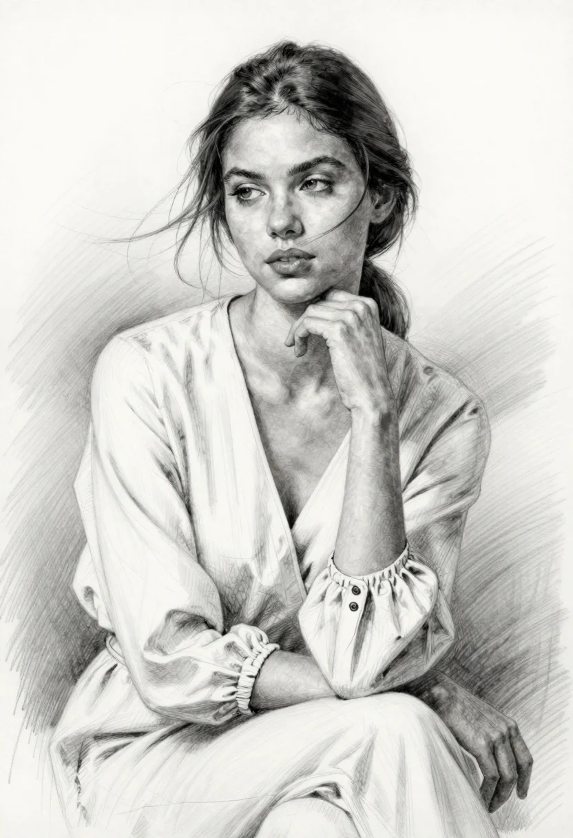Pencil sketch portrait of young woman with dark hair