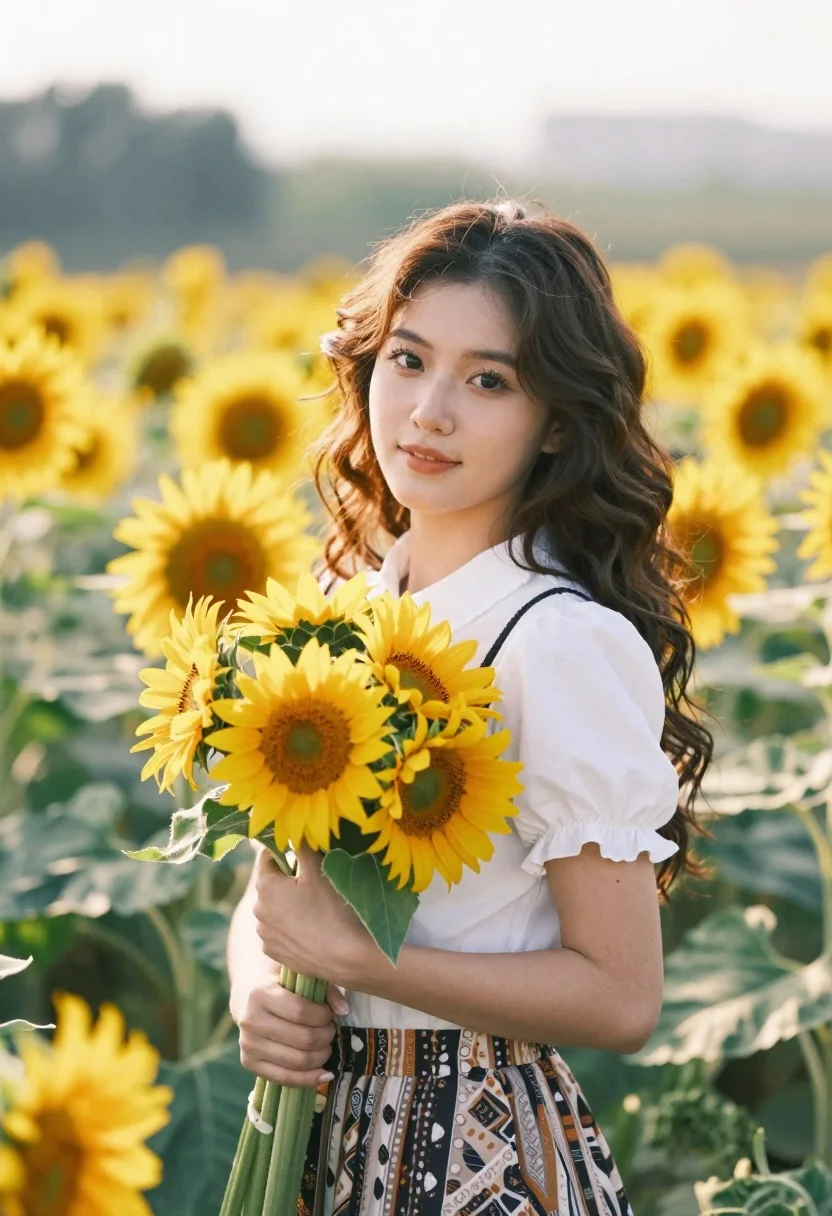 Young woman in white blouse holding sunflowers in a sunny field - AI generated image prompt sample