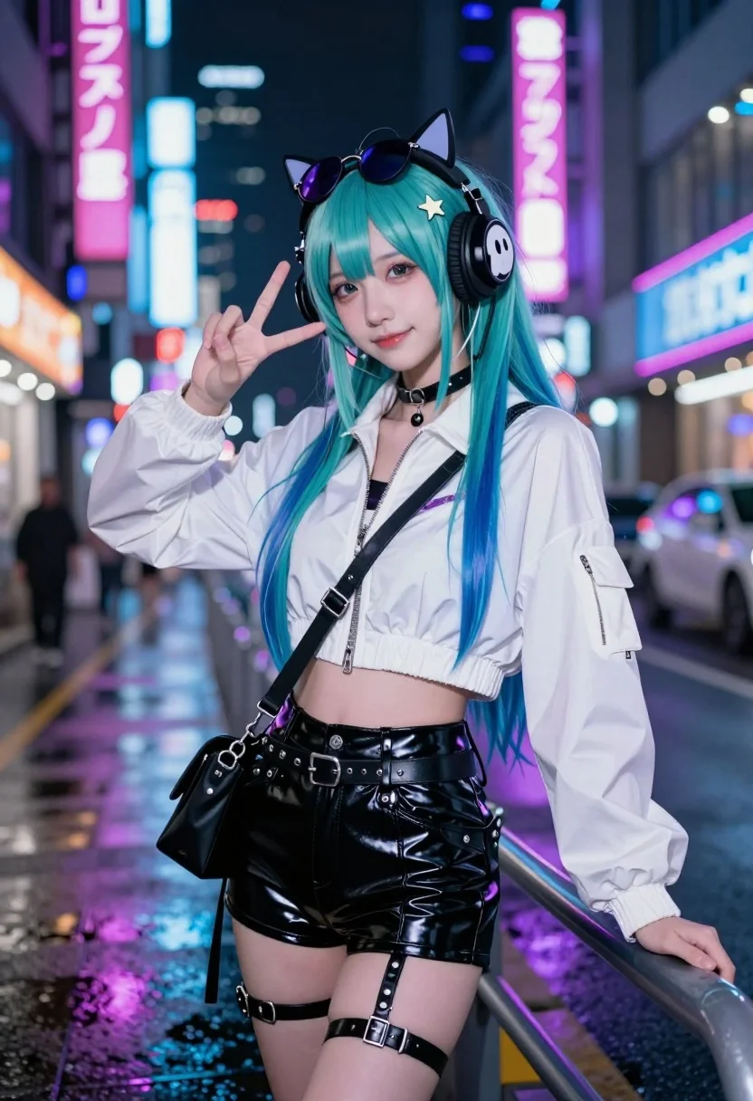 Young woman with teal hair in cyberpunk city street at night - AI generated image prompt sample