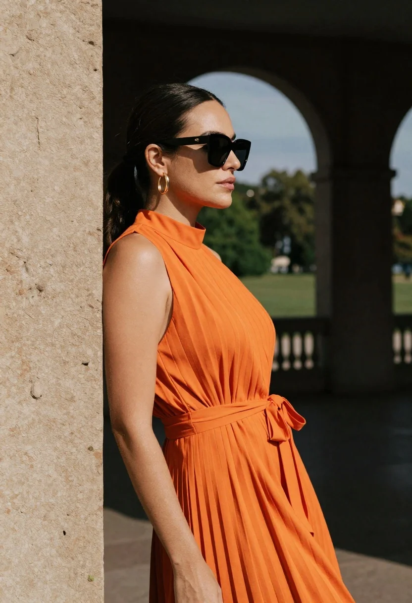 Woman in orange dress leaning against stone pillar under dark archway