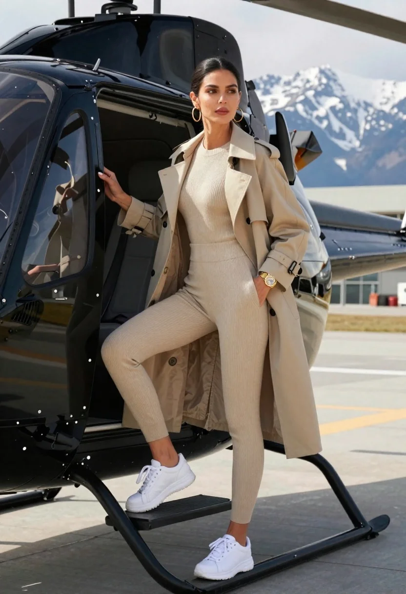 Confident woman stepping out of black helicopter onto tarmac near snowy mountains - AI generated image prompt sample
