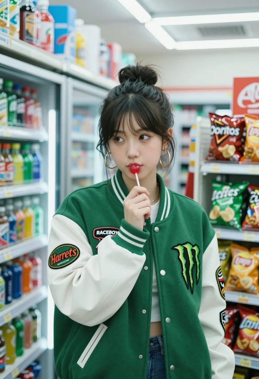 Young woman in varsity jacket holding lollipop inside brightly lit convenience store - AI generated image prompt sample