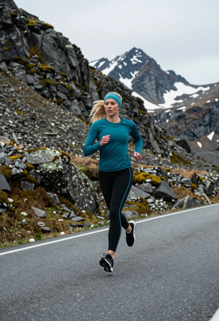Fit blonde woman jogging on paved road near rugged snowy mountains - AI generated image prompt sample