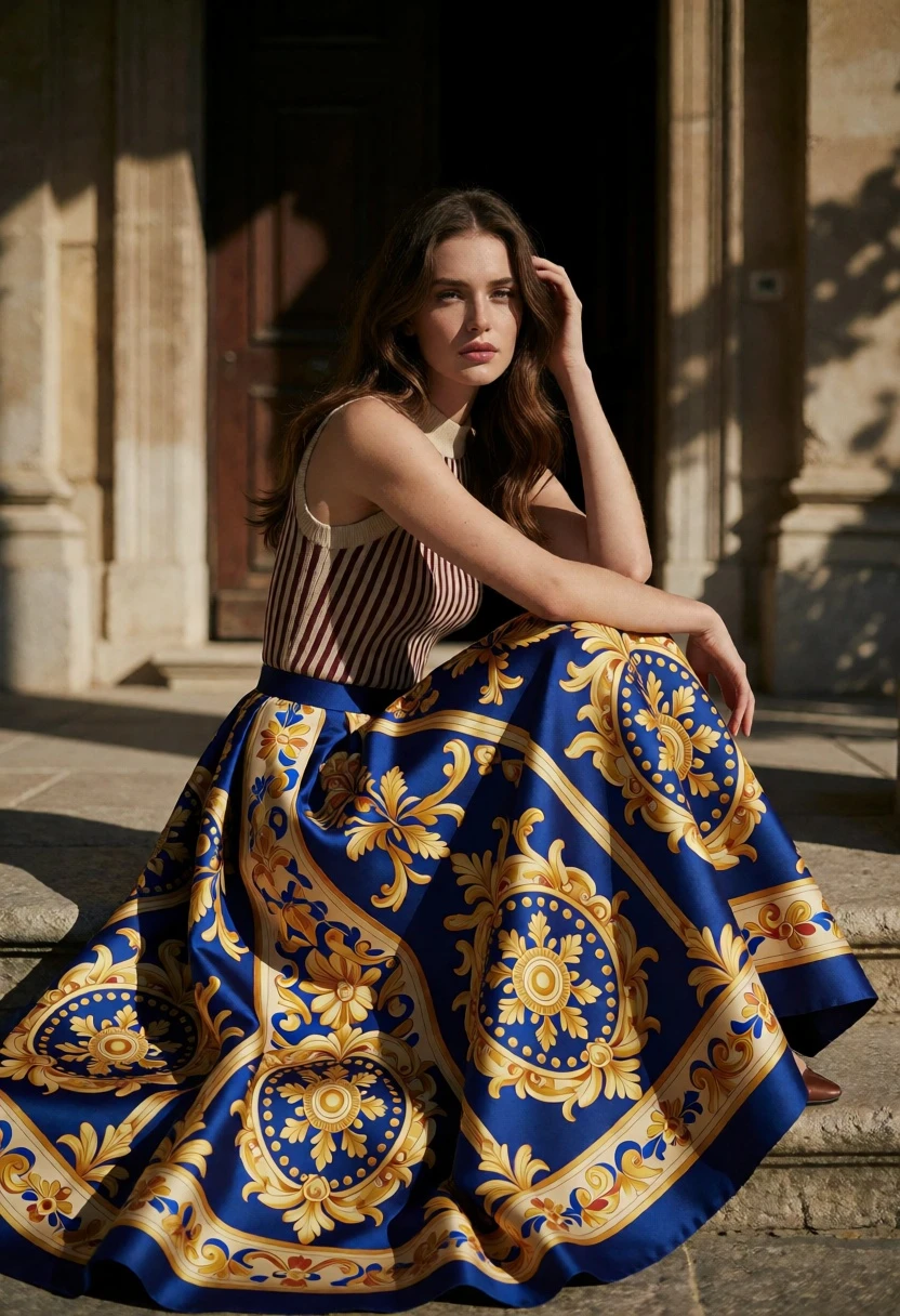 Woman sitting on stone steps before dark doorway with blue gold skirt - AI generated image prompt sample