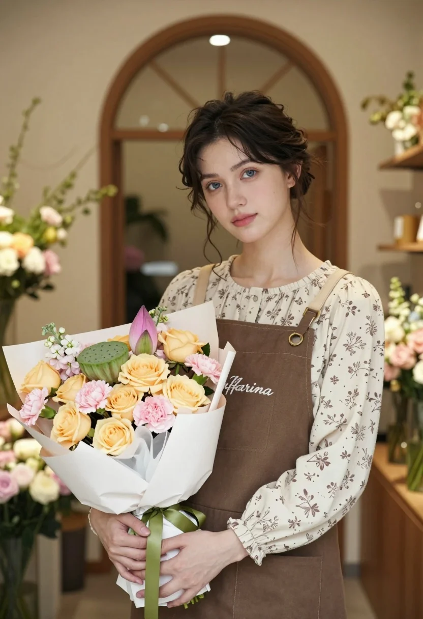 Young woman holding flowers in a softly lit flower shop interior - AI generated image prompt sample