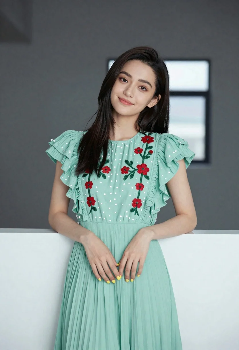 Young woman in light green embroidered dress leaning indoors