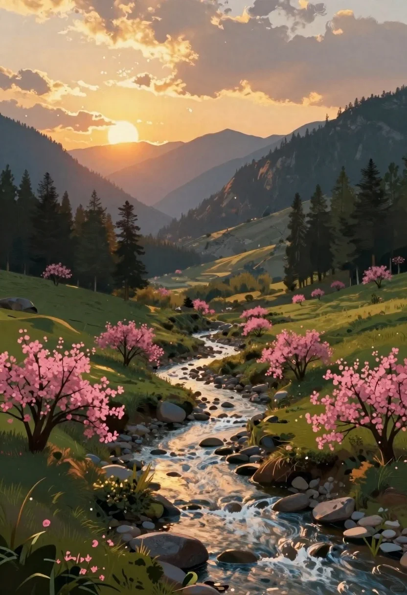 Mountain landscape with river at golden hour sunset