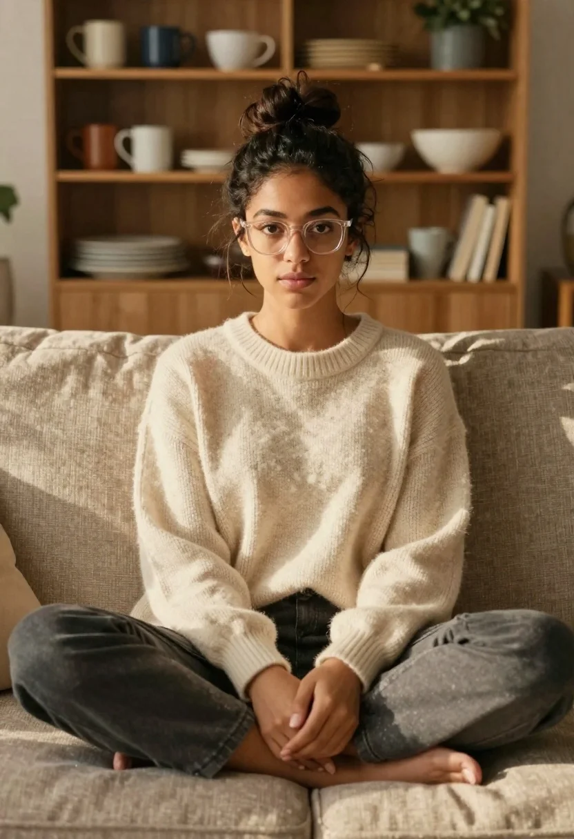 Young woman with dark hair and glasses sitting on a sofa - AI generated image prompt sample