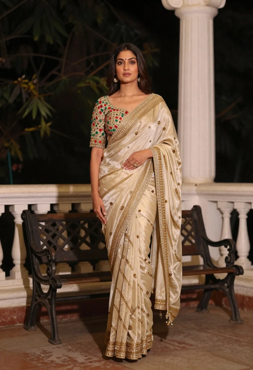 Woman in embellished saree on outdoor terrace at night