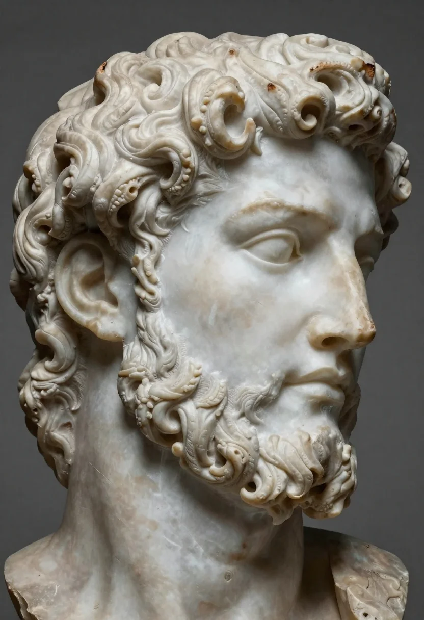 Close up marble sculpture of a classical male head