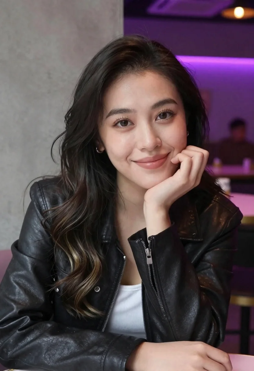 Young woman with dark wavy hair in black jacket at cafe