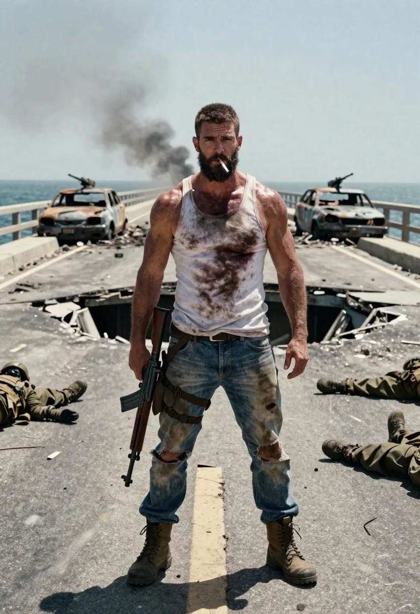 Muscular man with rifle stands on wartorn bridge overlooking ocean - AI generated image prompt sample