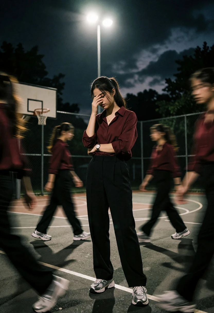 Young woman standing alone on basketball court surrounded by blurred figures at - AI generated image prompt sample