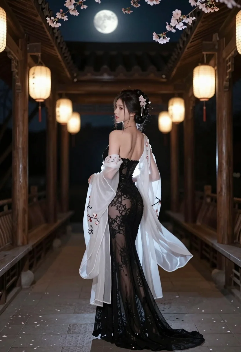 Woman in black lace gown standing in traditional wooden corridor at night - AI generated image prompt sample