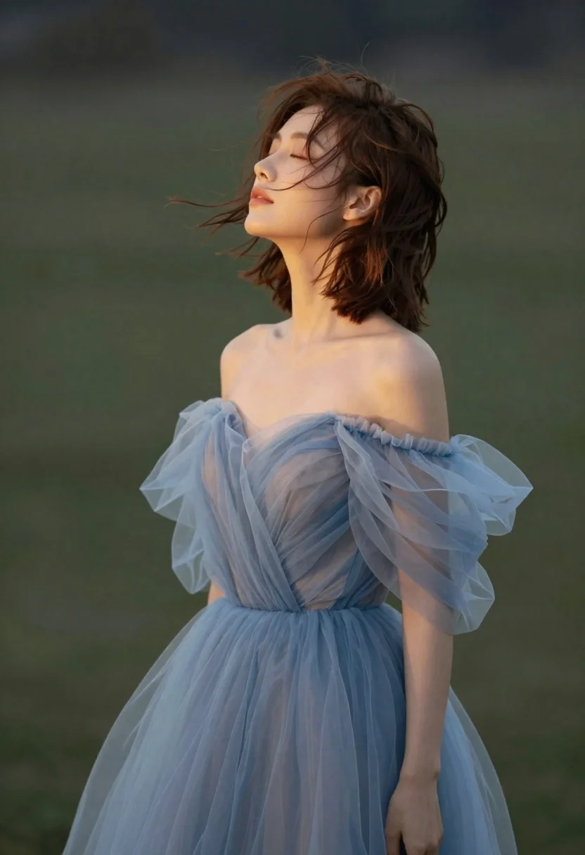Young woman in blue tulle gown standing with eyes closed in wind - AI generated image prompt sample
