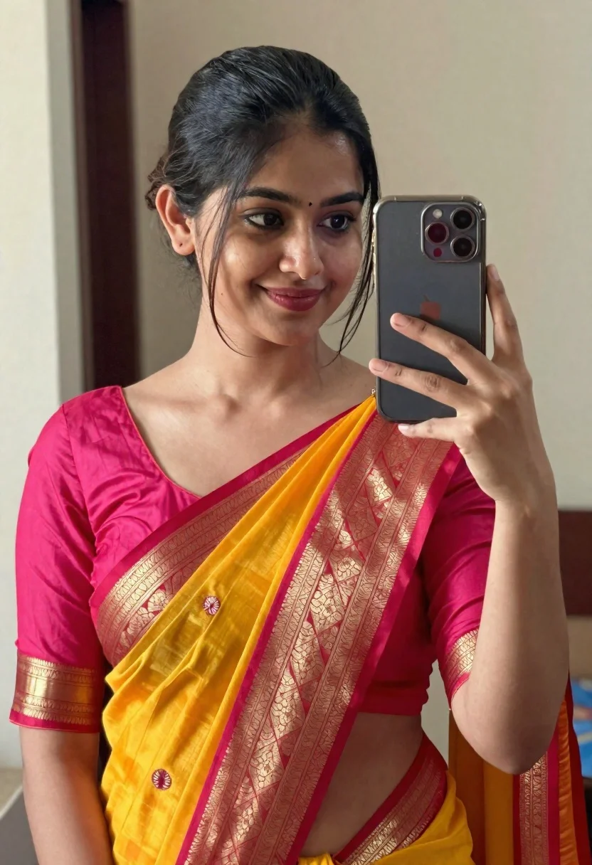 Young woman taking mirror selfie in vibrant traditional indian saree
