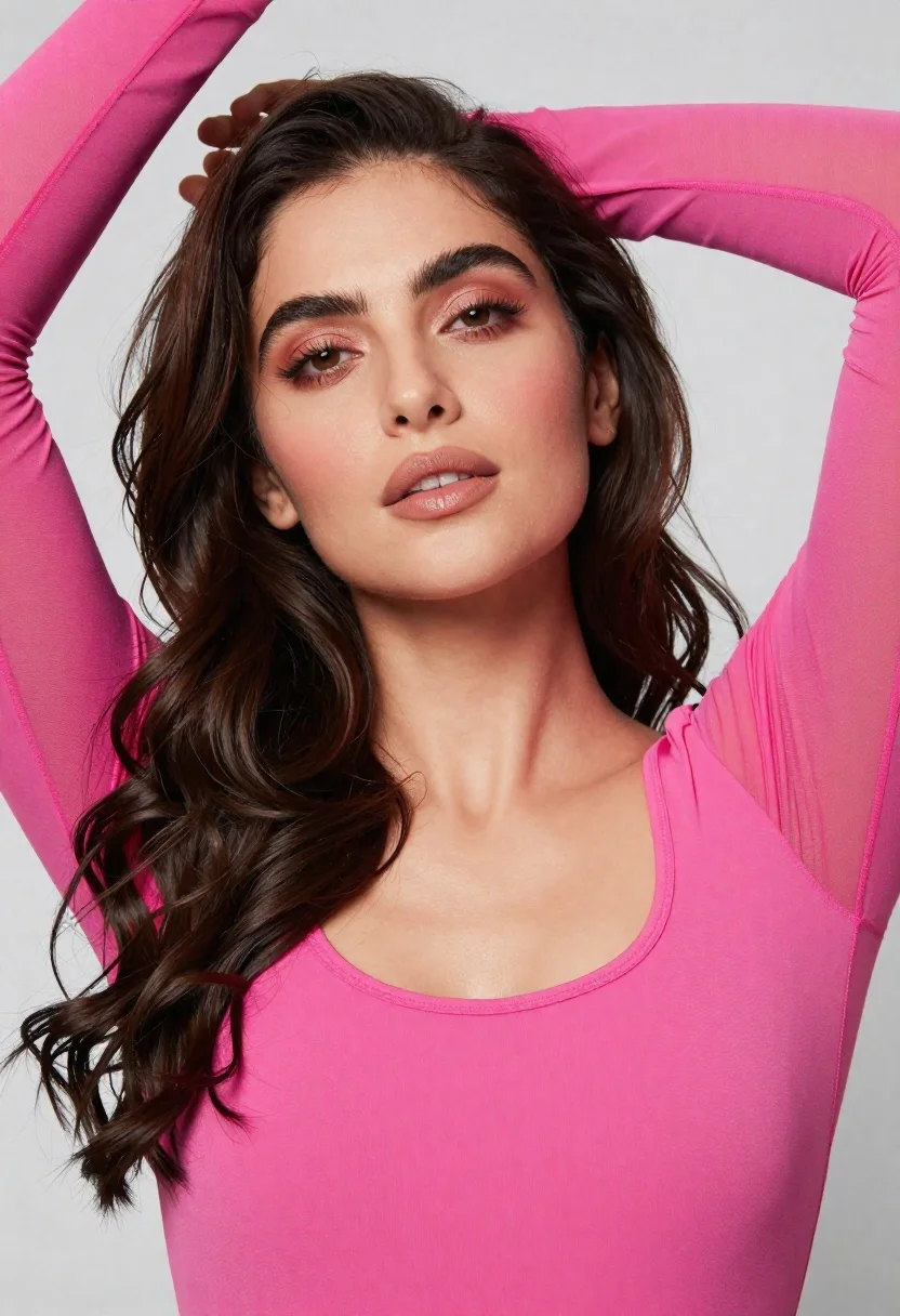 Close up portrait of woman with dark wavy hair in pink top