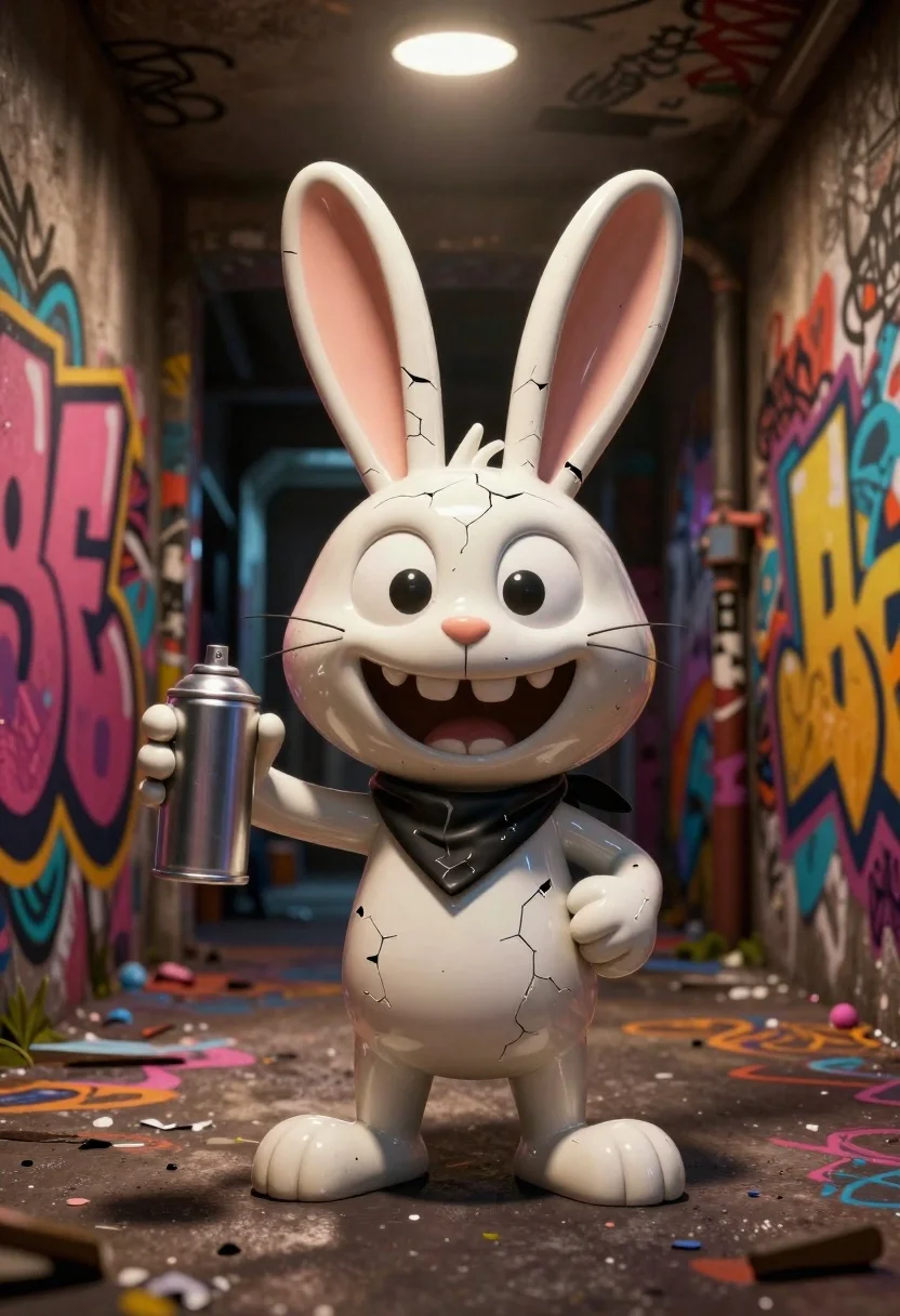 Cartoon rabbit vandal holding spray paint can in tunnel - AI generated image prompt sample
