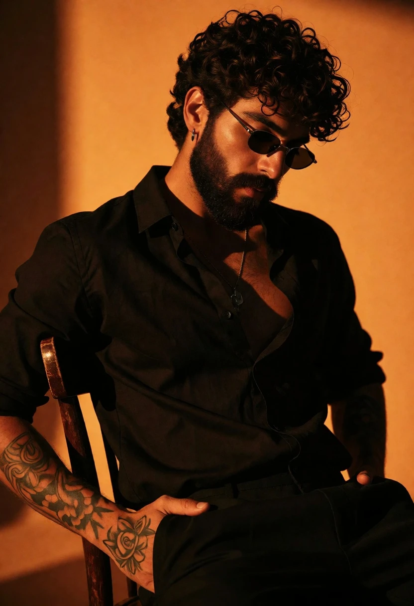 Man with beard in black shirt against solid orange wall studio portrait - AI generated image prompt sample