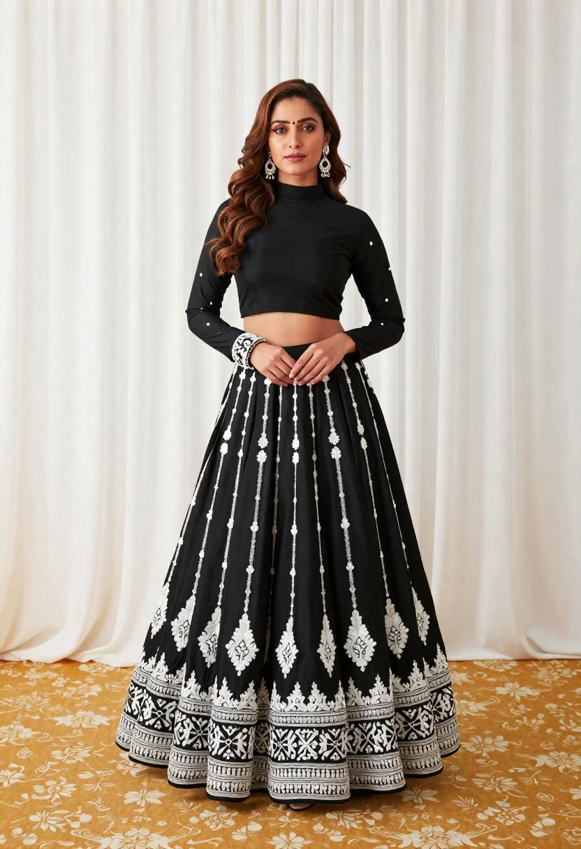 Full length portrait of woman in black traditional outfit indoors