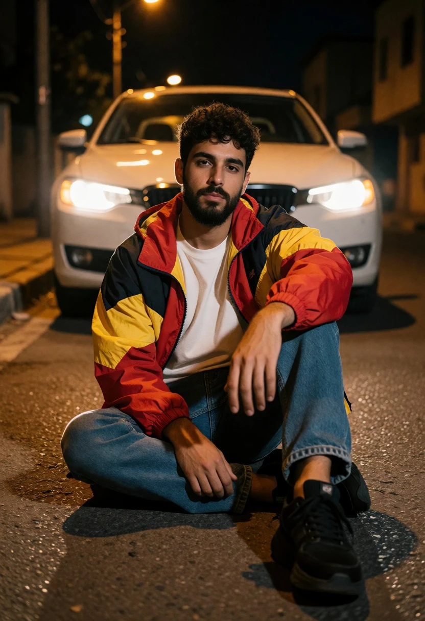 Young man sitting cross legged on street at night near white sedan - AI generated image prompt sample